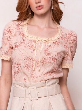 Ivy City Co Pink Floral Lace-Trim Tie-Neck Blouse
